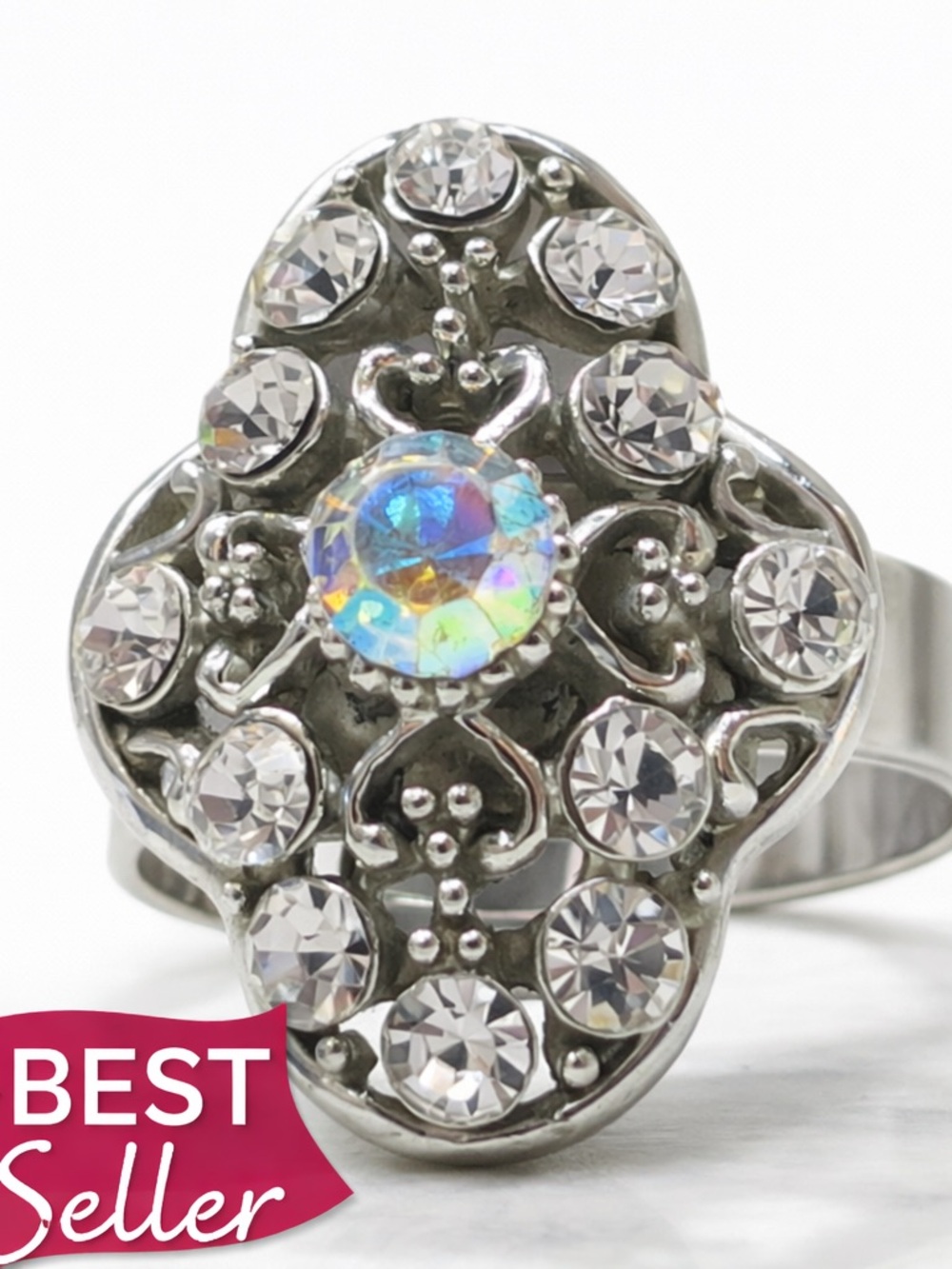 Statement Rhinestone Adjustable Ring AB Crystal Cocktail Ring Boho Vintage